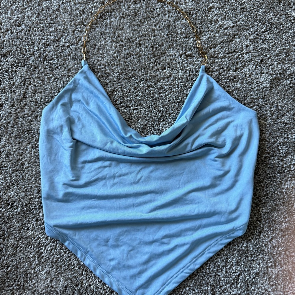 Light Blue Cowl Neck Halter Top w/ Chain Strap – Size M